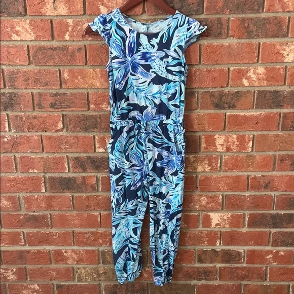 Lilly Pulitzer Odessa Girls Blue Patterned Ruffle Jumpsuit - Picture 4 of 11
